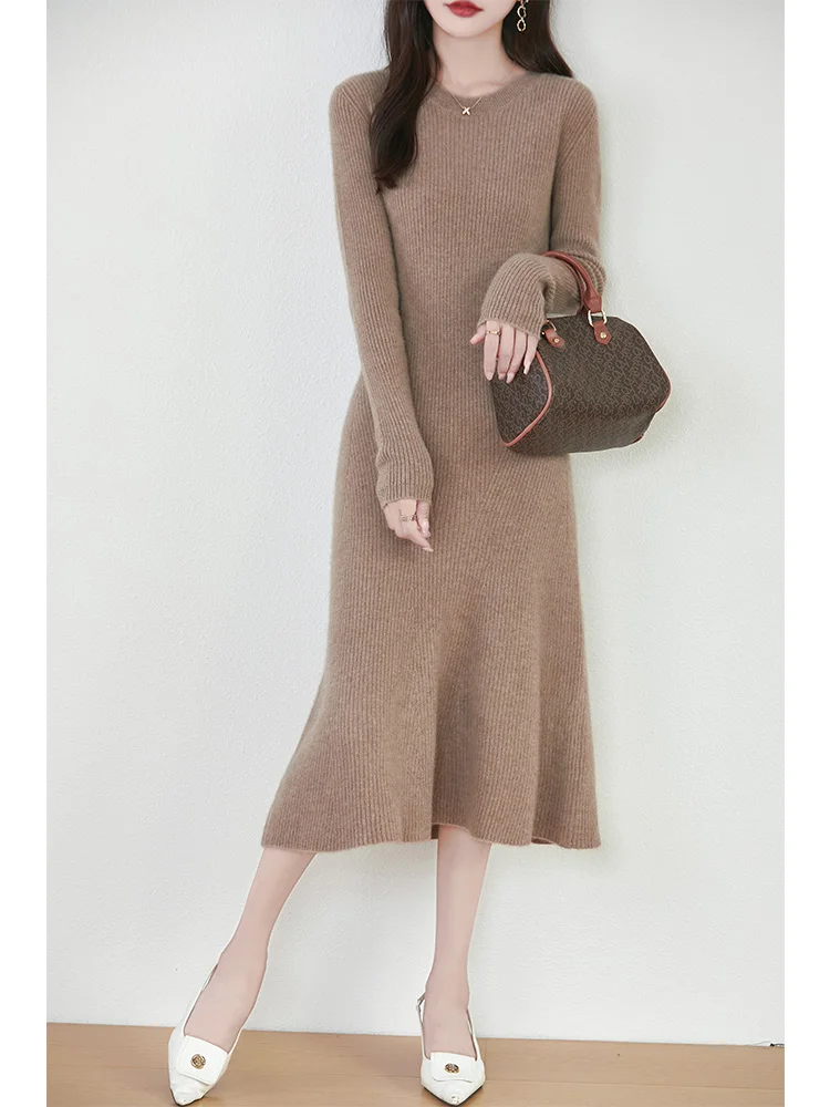 

Autumn New 100% Wool Knit Dress Women's O-Neck Long Over The Knee Sweater Fashion Slim Fish Tail Skirts Knitted Pullover Skirt