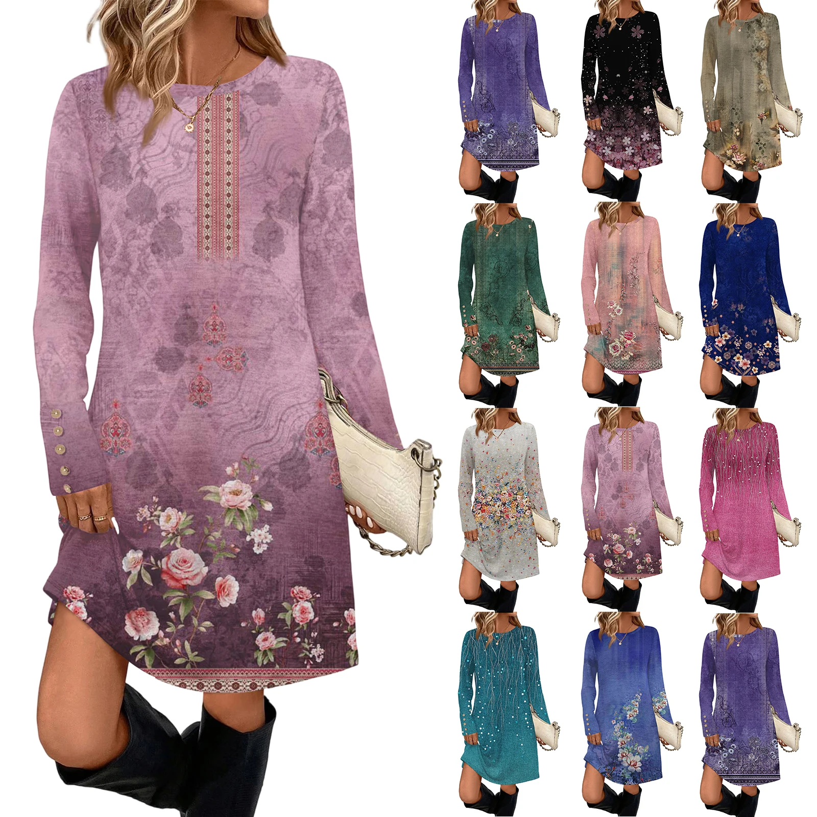 Vintage Ethnic Print Ladies Long Sleeve T-shirt Outdoor Street Ladies Loose Long Sleeve Top Everyday Casual Ladies Top Dresses