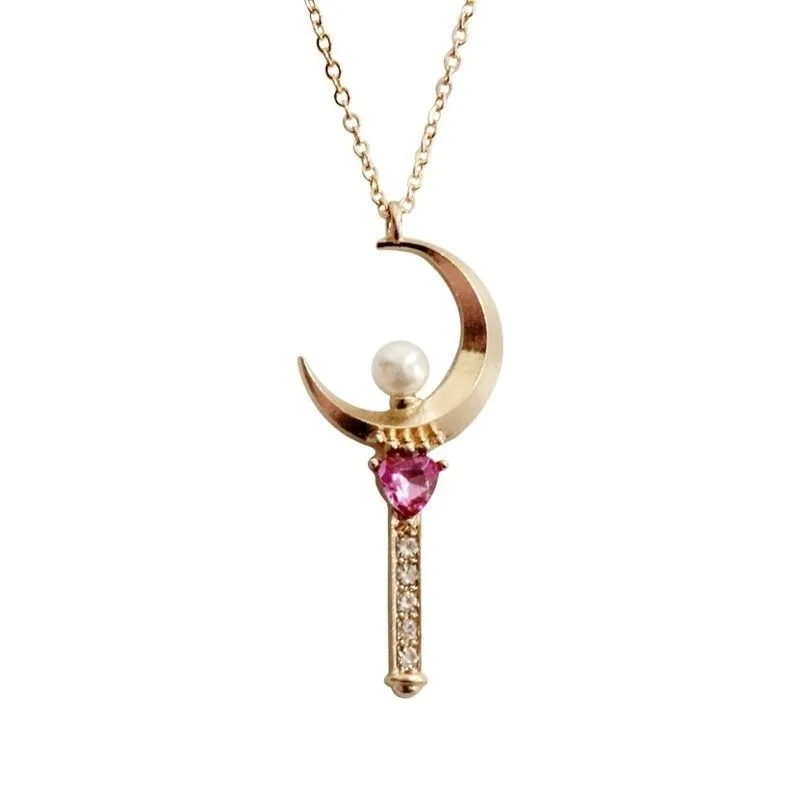 Japanese Anime Sailor Moon Loving Magic Wand Crystal Cosplay Pendant Necklace Girl Accessories Cute Cosplay Props Necklace