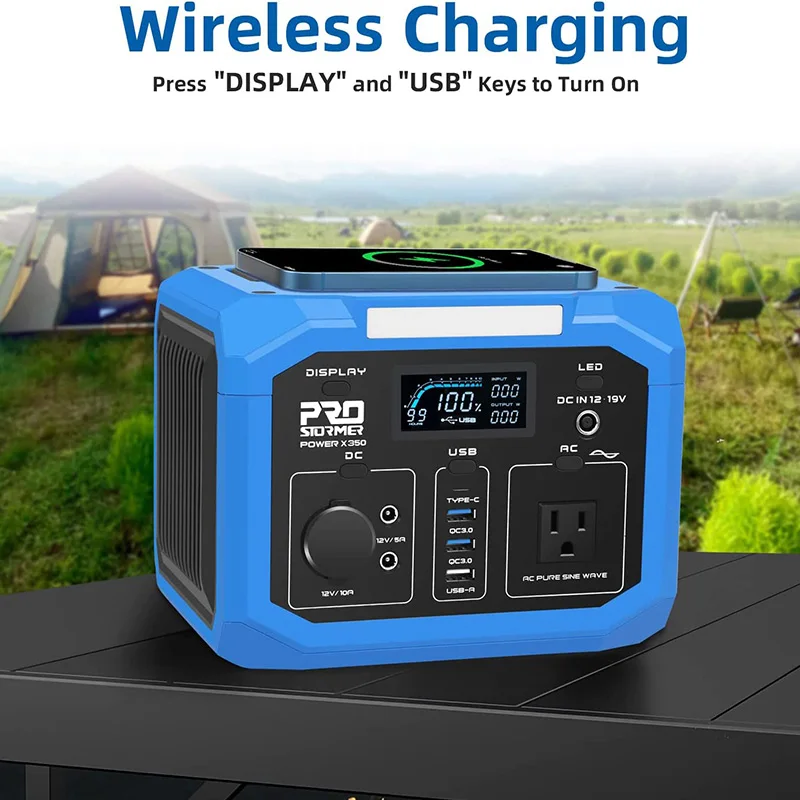 Portable Power Station 299Wh 350W Lithium Battery 110V AC Outlet Wireless Charger Solar Generator For Outdoor Camping Prostormer
