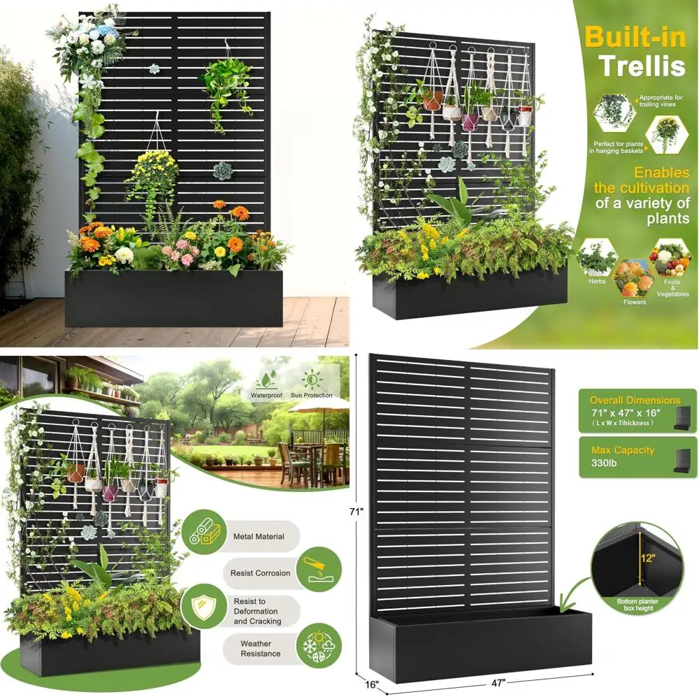 

Raised Metal Garden Bed with Trellis for Climbing Plants, Vegetables, 47 L x 16 W Planter Box