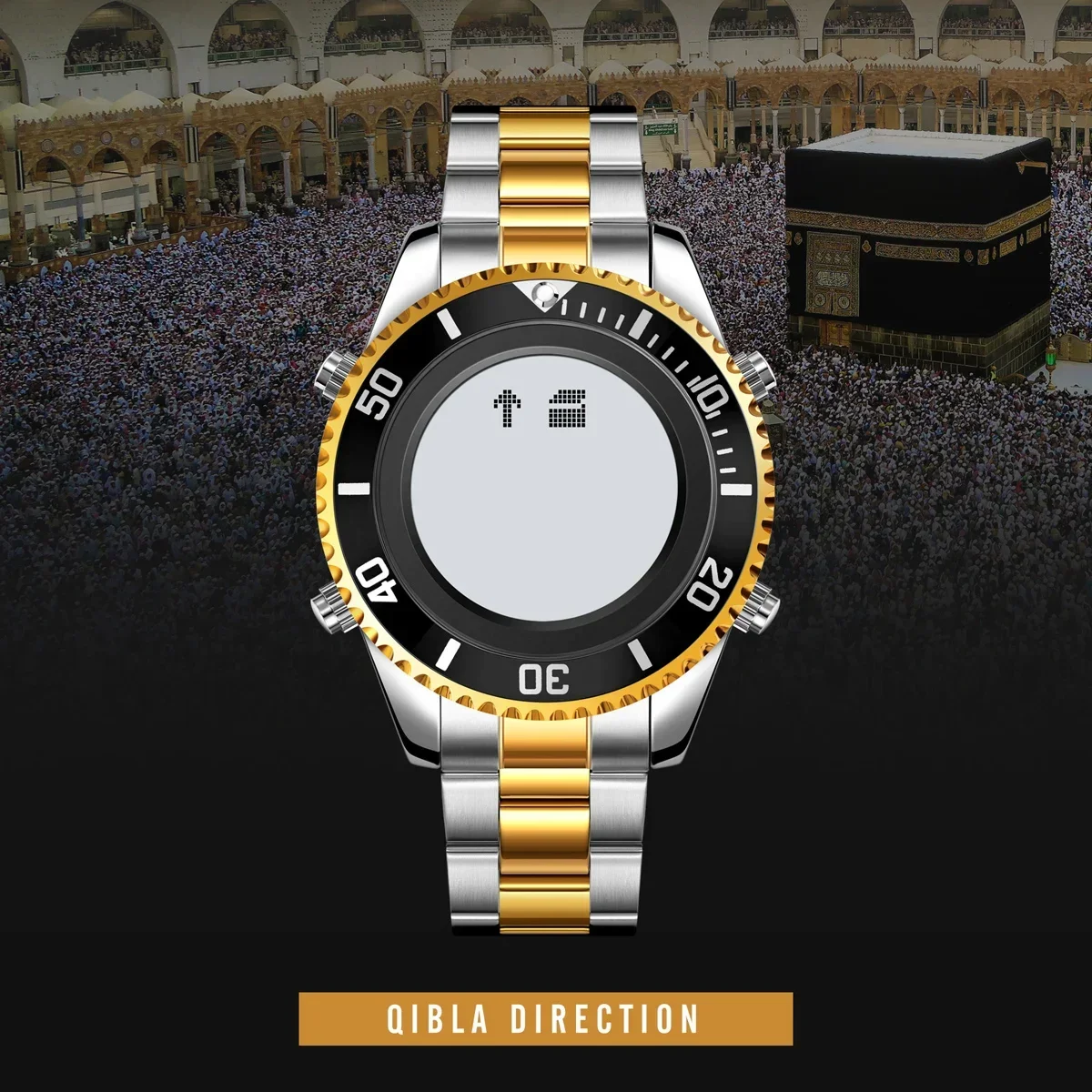 SKMEI Stainless Steel Digital Watch Muslim Azan Prayer Compass Clock Adhan Alarm Hijri Islamic Wristwatch with Back Light 2141