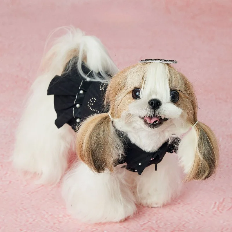 Small Dog Autumn Winter Lapel Vest Dress With Heart Rhinestone Bling Pet Clothes for Teddy Schnauzer