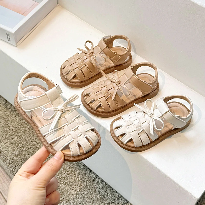 Girls Sandals Summer New 2-15 Years Old Khaki Soft Bottom Girls Princess Shoes Rice White Fashion Non-slip Children Baby Sandals