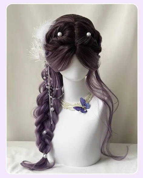 로리타 그레이 퍼플 그라데이션 공주 스타일 가발 중간 길이 헤어 큰 웨이브 긴 곱슬머리 코스프레 커플 헤어 컬러 풀 후드