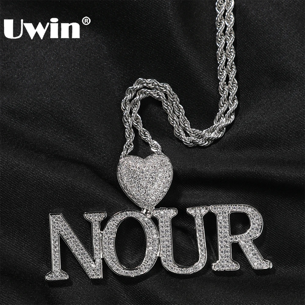 

UWIN Customized Name Pendant Necklace with Heart Clasp Iced Out Cubic Zirconia Letter Charms Hip Hop Jewelry for Rappers