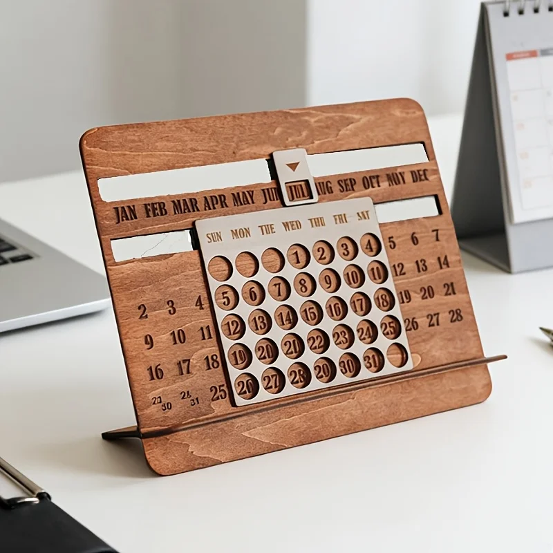 Wooden Perpetual Calendar with Monthly Chart And Year-Round Display - Desk Calendar Suitable for Office Planning And Decoration