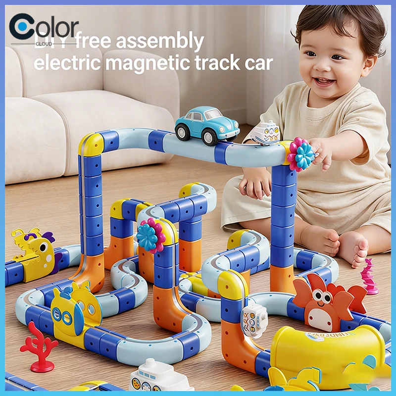 

Magnetic Track Car Shark Ocean Theme DIY Magnetic Blocks Electric Train Toy Parent Child Interactive Play Set For Toddlers Kids