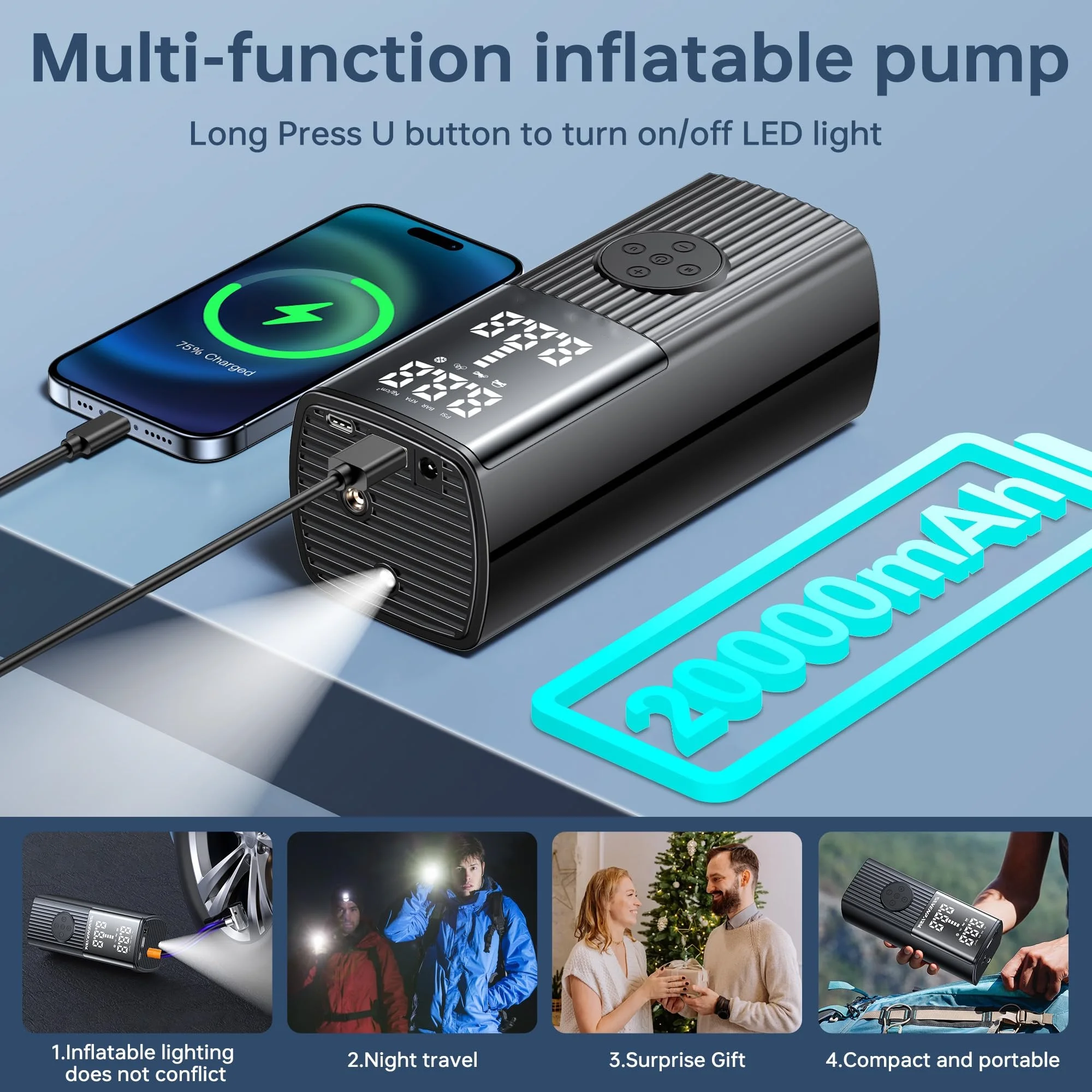 Tire Inflator Portable Air Compressor - 20000 mAh Rechargeable Air Pump -150 PSI Tire Inflation, Accurate LCD Display/Light,3X F