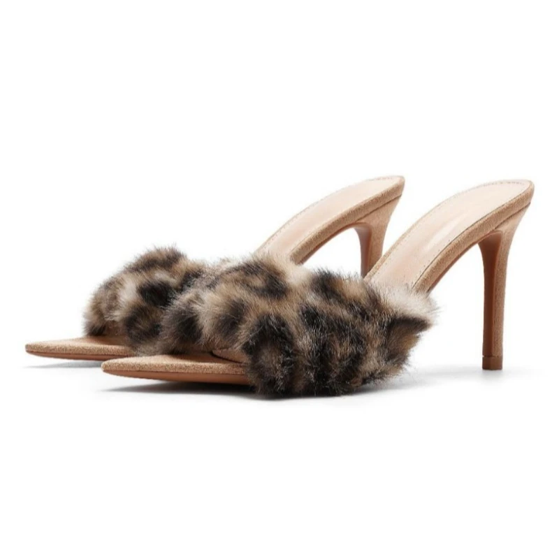 

Sexy Leopard Print Fluffy Plush Heeled Slippers Women Pointed Toe Backless Elegant Slide Sandals Ladies Luxury Party Dress Heels