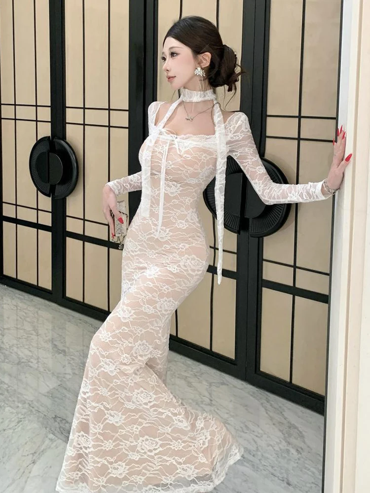 Chic Women Floral Lace Sexy Sheer Long Sleeve Maxi Dress Birthday Party Prom Gown Clothes Sweet Mujer Vestido Slim Robe Vacation