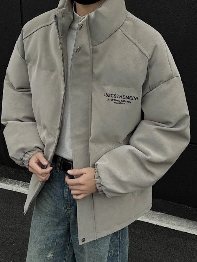 

Warm Thiened Cotton Jaet Men's Loose Dyed PU Leather Warmth Insulation Cotton Filled Outerwear Coat for Youth Casual Wear