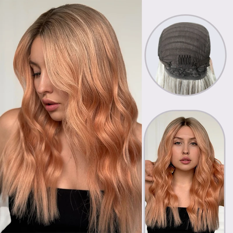 

Long Straight Synthetic Wigs 180 Density for Women Natural Wave Wigs peach colour with a dark root blonde Cosplay Hair