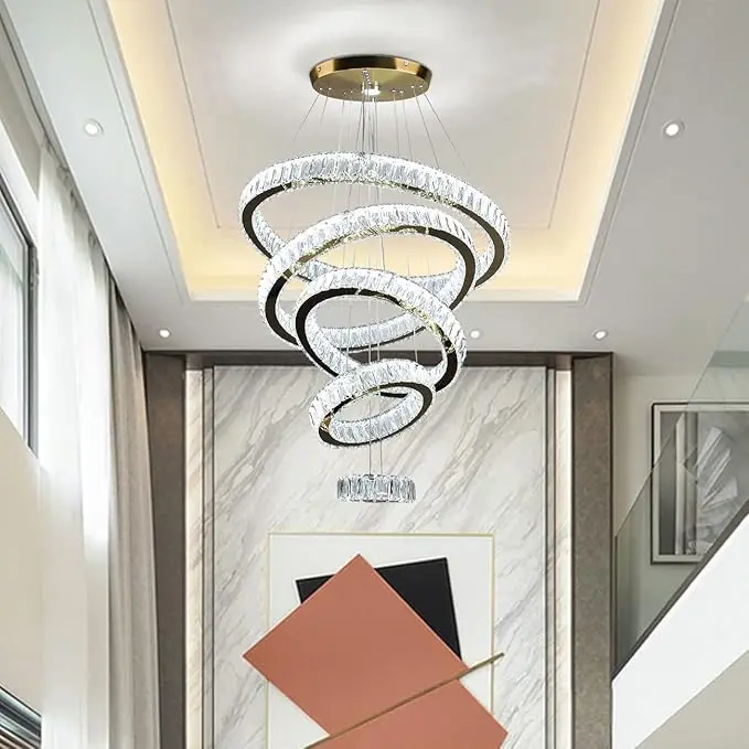 Dixun LED Crystal Chandeliers, Modern 5 Rings Pendant Light Titanium Gold Stainless Steel Height Adjustable Ceiling Light for Be