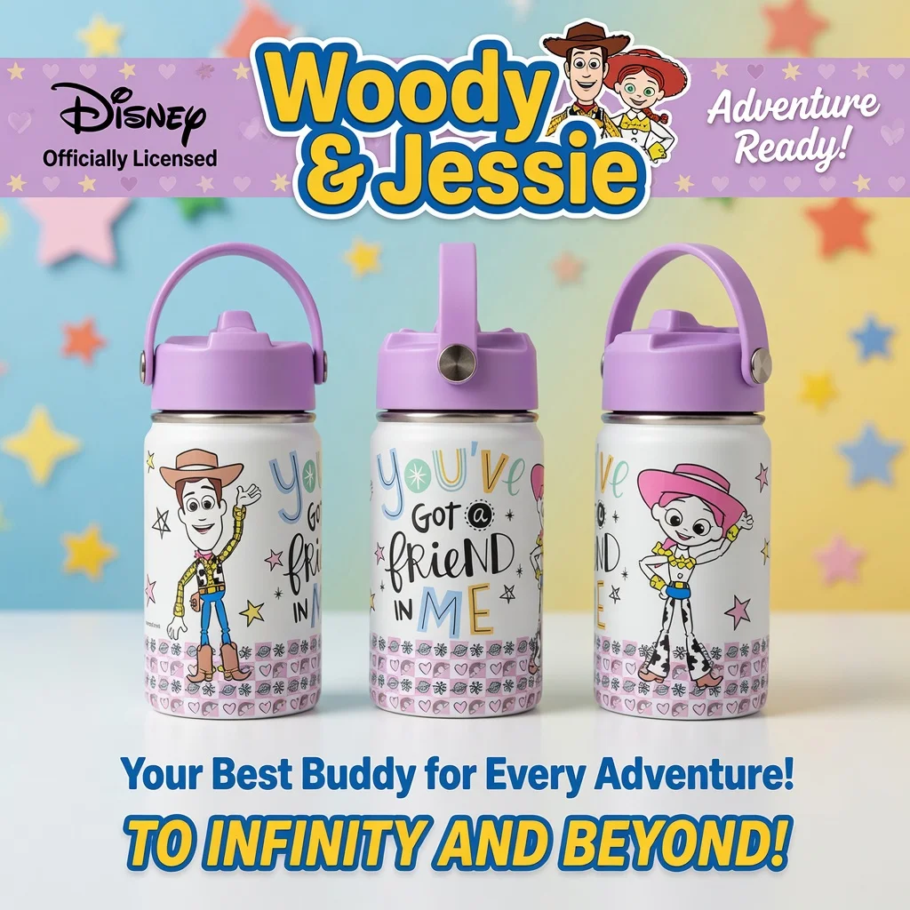 1pc 12oz Disney Toy Story Woody Jessie Stainless Steel Tumbler Letter Star with Carry Handle Portable Cup for Office Travel Home