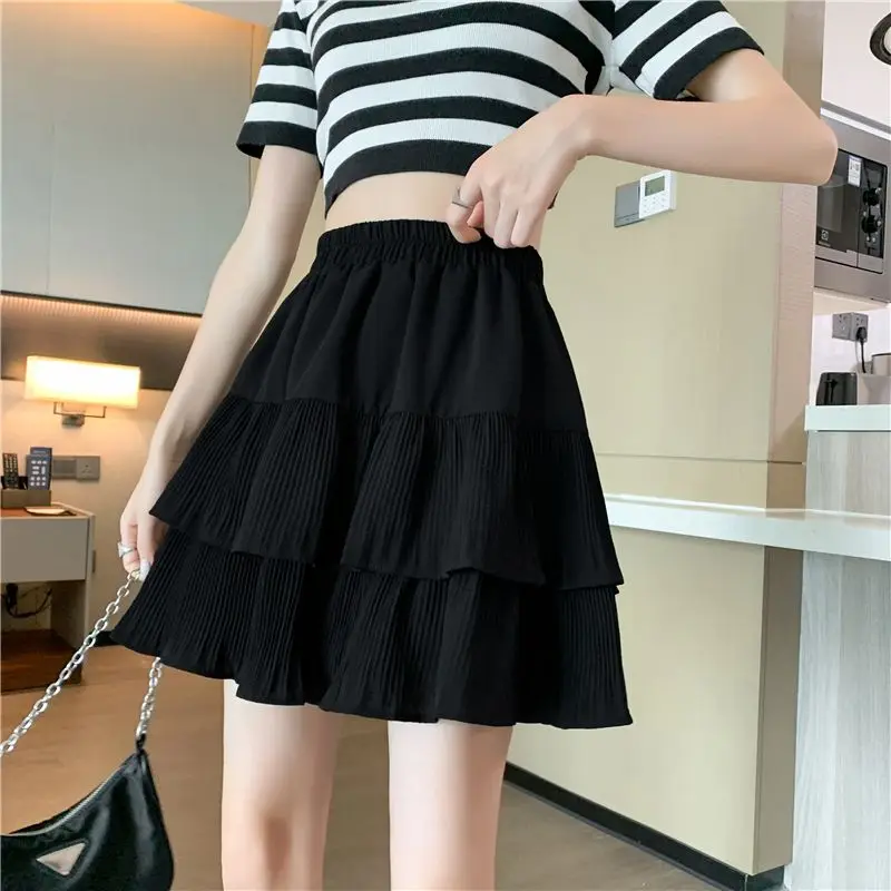 Fat Sister Cake Short Skirt Women's Elastic Waist High Waist Versatile Slimming A-line Umbrella Skirt Hundred Pleats Half Skirt