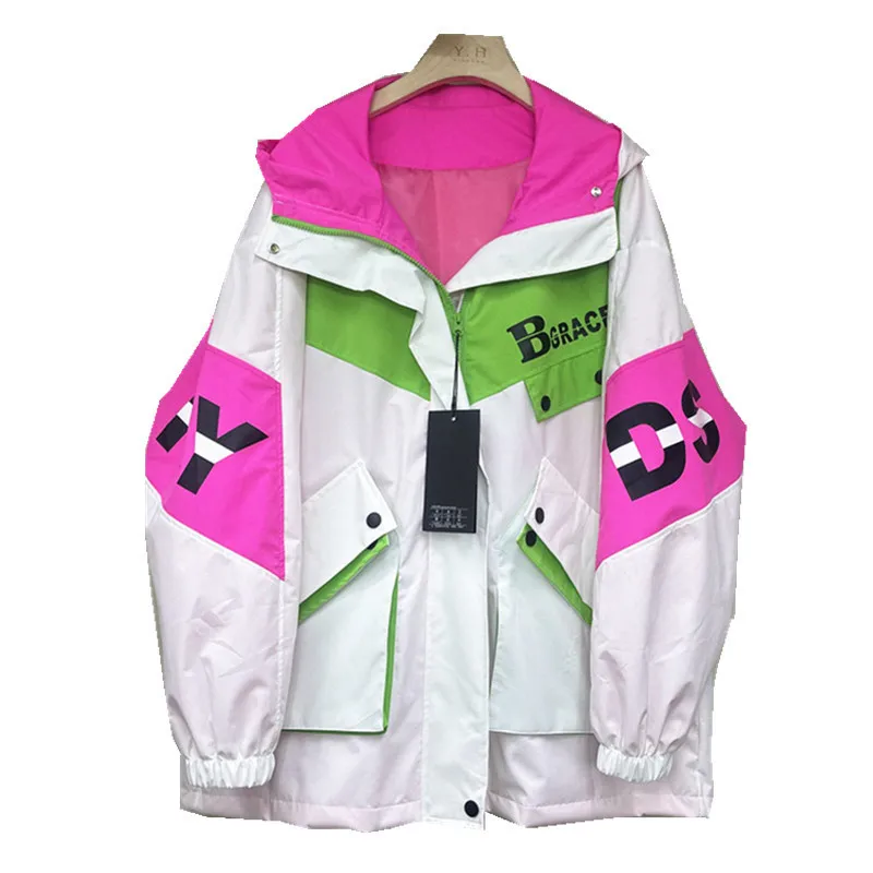 2023 Spring Women Patchwork Jacket Letter Print Hooded Windbreak Coat Big Pocket Fashion Spliced Loose Zipper Jackets Female