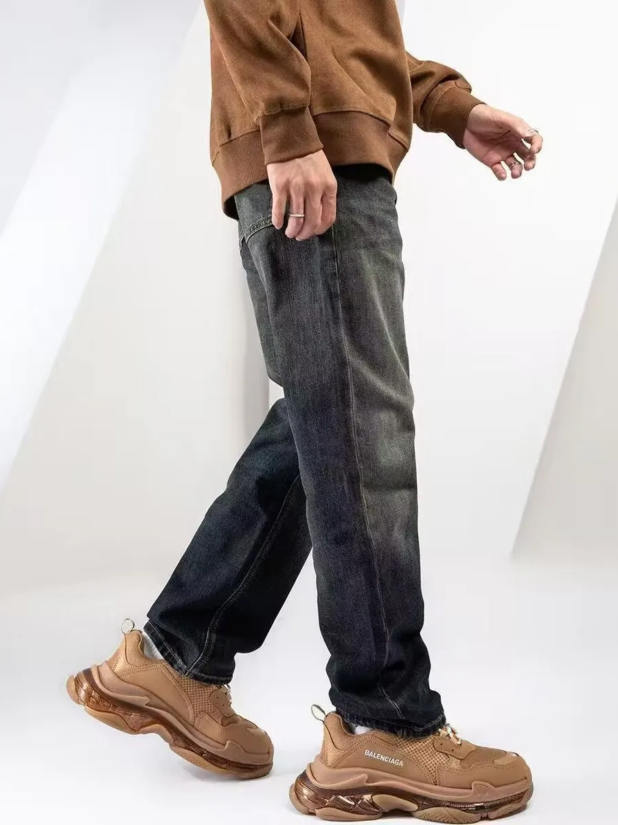 بنطلون جينز رجالي فضفاض مبطن بالساق المستقيمة كاجوال عالي الخصر من قماش الدنيم للشباب بنطال شتوي طويل مرن #4