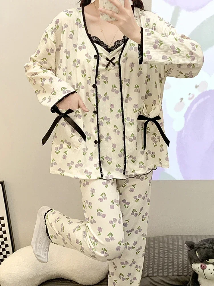 Print 3 Pcs Pajamas for Women Ulzzang Sweet Bow Lace Design Aesthetic Students Homewear Girlish Fashion Padded Sleepwear Casual