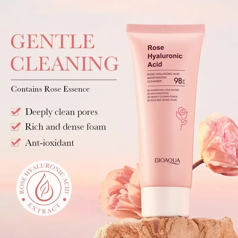 Rose Hyaluronic Acid Facial Cleanser Foam Face Wash Remove Blackhead Moisturizing Shrink Pores Deep Cleaning Skin Care 100g