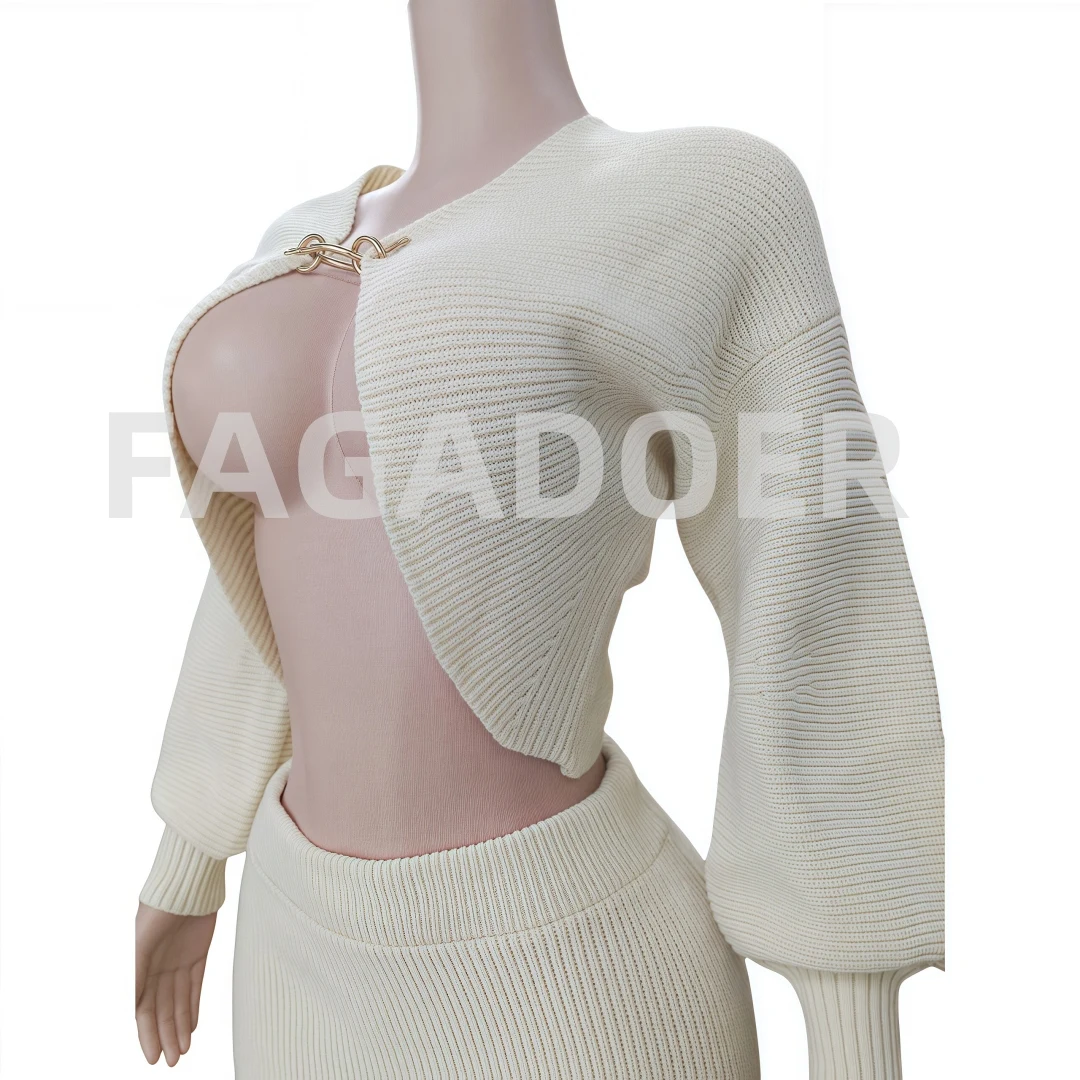 FAGADOER, conjunto de 2 piezas de punto elegante de alta calidad para mujer, cárdigan corto con manga acampanada calada + traje de falda larga, ropa de calle