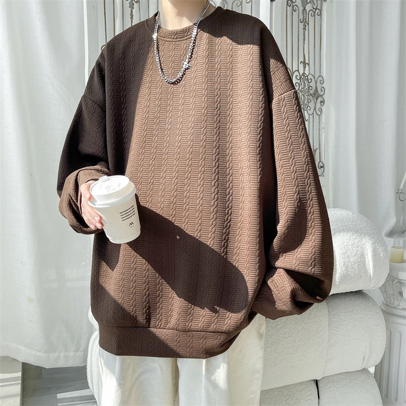 

Men's round Ne Long Sve Sweatirt Textured Coarse Linen Spring Autumn New Sle American Retro Trendy Brand T-irt