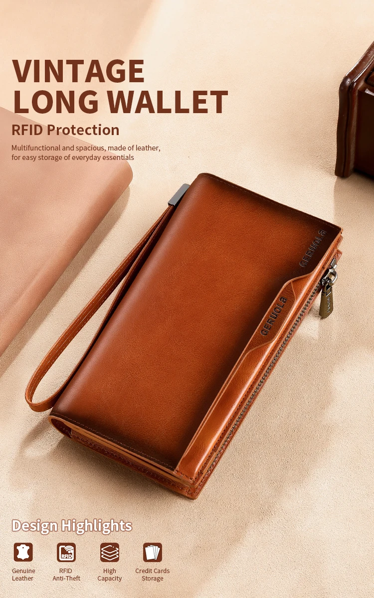 Neue Herren-Geldbörse aus echtem Leder, lange Handtasche aus Rindsleder, für Reisen, leicht, minimalistisch, große Kapazität, Diebstahlschutz, Farbverlauf, Gelb, Br – Detail 1