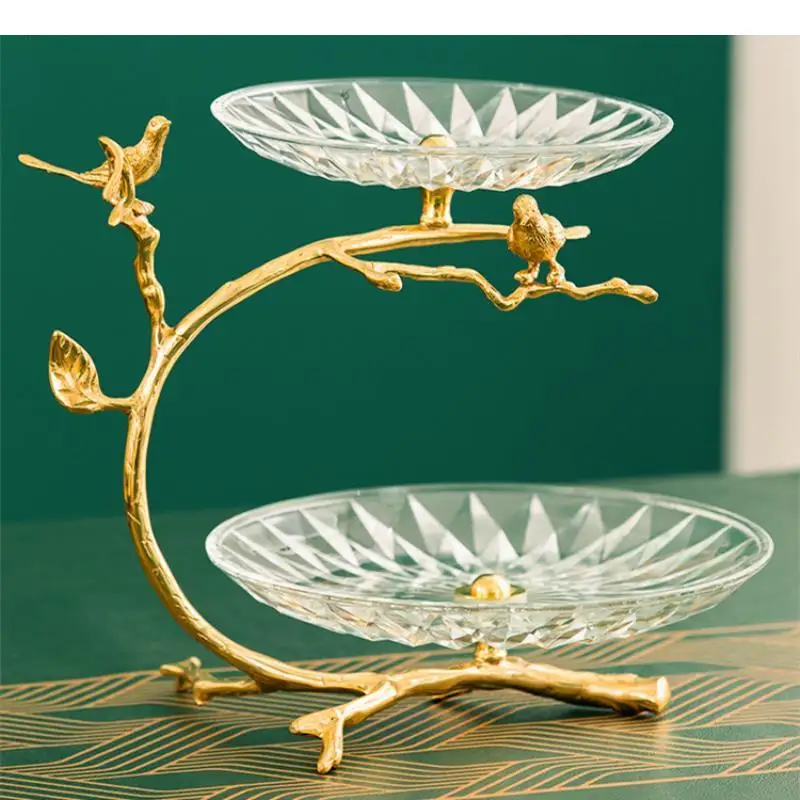 2-layer Brass Glass Fruit Plate Cake Stand Candy Tray Dessert Snack Plates Refreshment Dim Sum Dish Dried