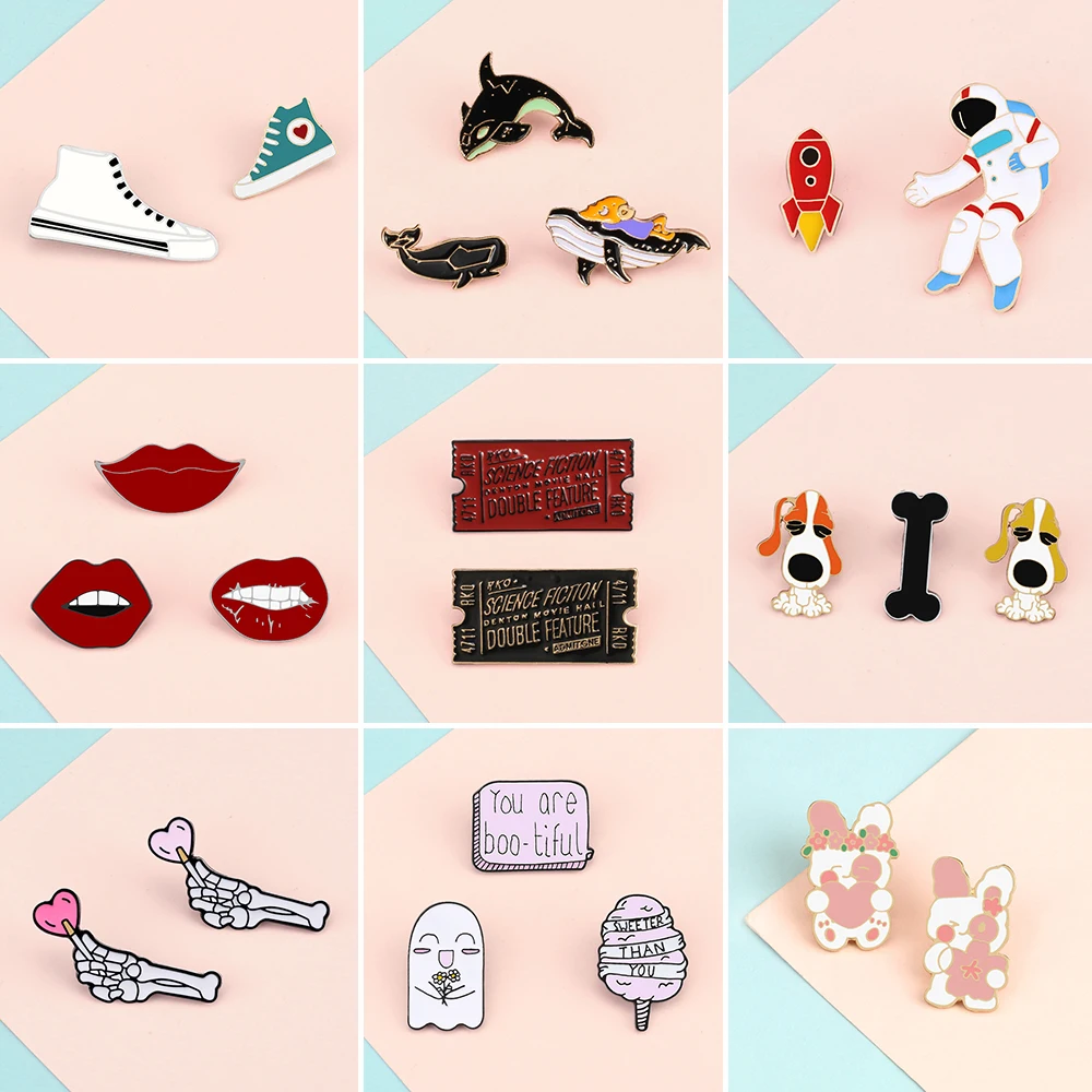 Cartoon Brosche Set Astronaut Lippen Ticket Skelett Hand Schuh Emaille Pin Wal Fisch Kaninchen Hund Tier Abzeichen Frauen Schmuck Anstecknadel