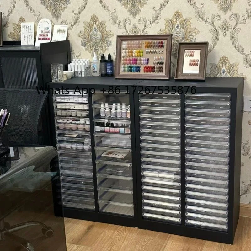 

Шкаф для хранения для маникюрного салона: многоуровневый, с плоским дном, выдвижными ящиками, напольный, на колесиках, для лаков и клея