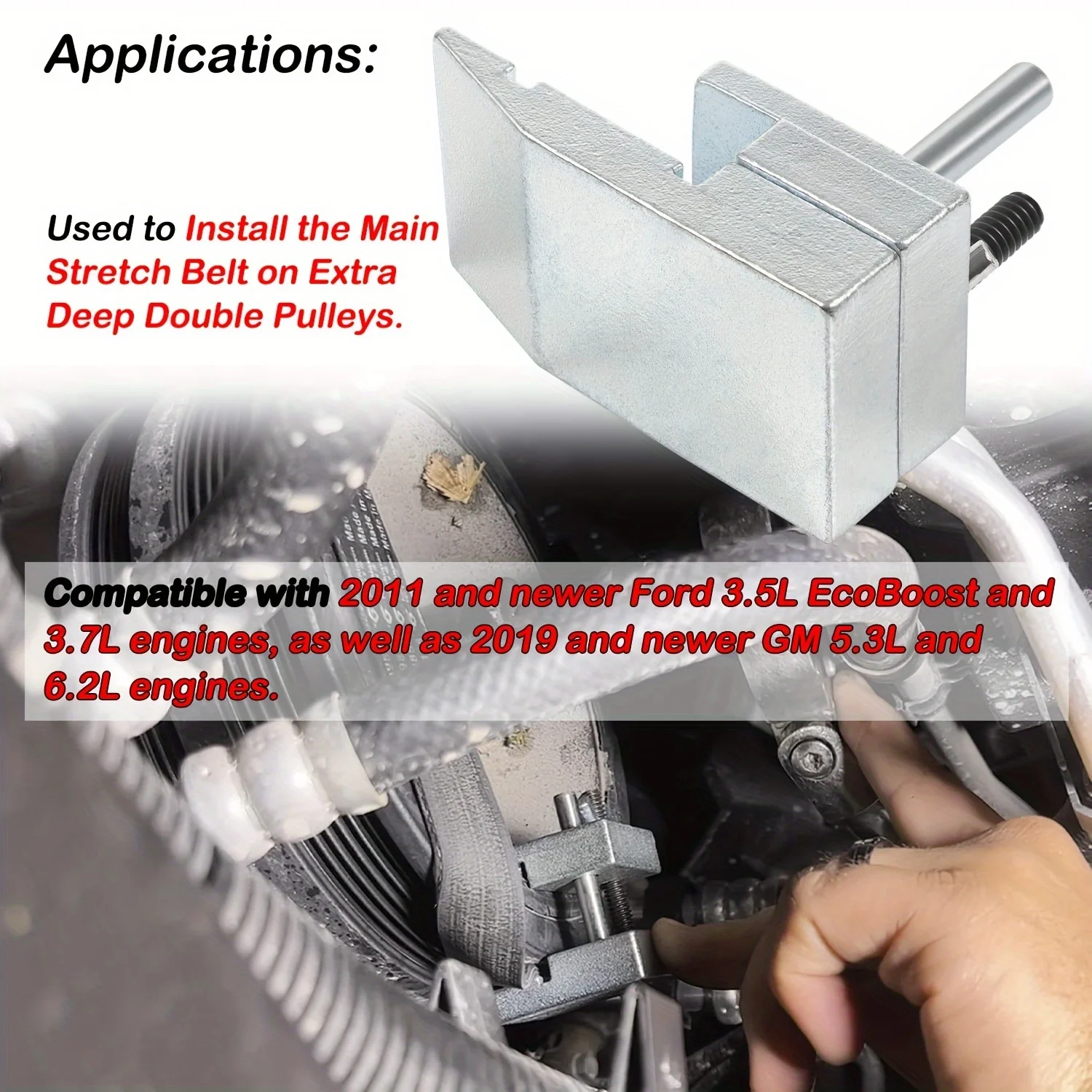 59350 Stretch Belt Installer for Extra-Deep Double Pulleys, Works on Ford 3.5L and 3.7L Engines, GM 5.3L and 6.2L Engines