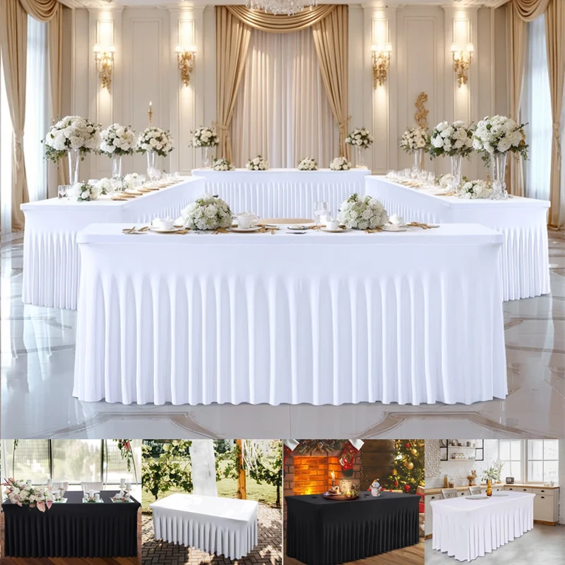

Spandex Table Skirt 4Ft 6Ft 8Ft Ruffled Rectangular Stretch Cover Milk Silk Fabric for Cocktail Bar Patio Event Decor White