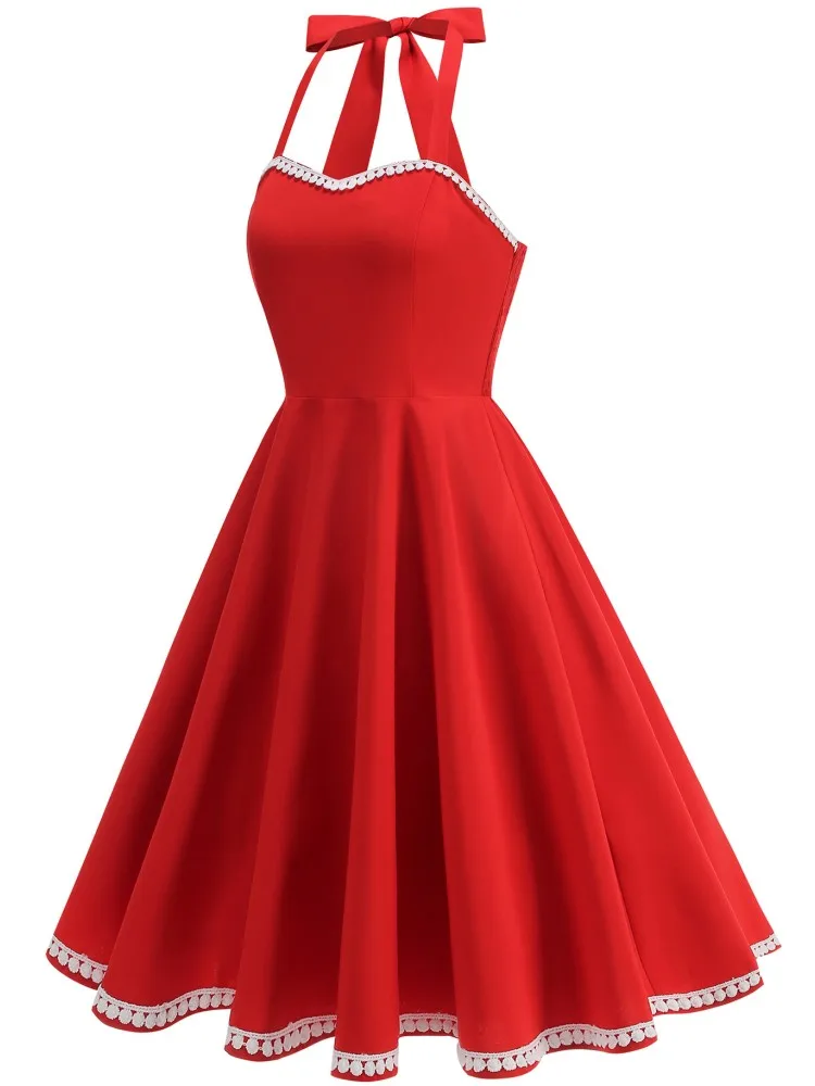 Women Solid Color Summer Dress Sexy Retro Pink Halter Vintage Dress Robe Femme Pin Up Rockabilly Party Swing Rockabilly Dress
