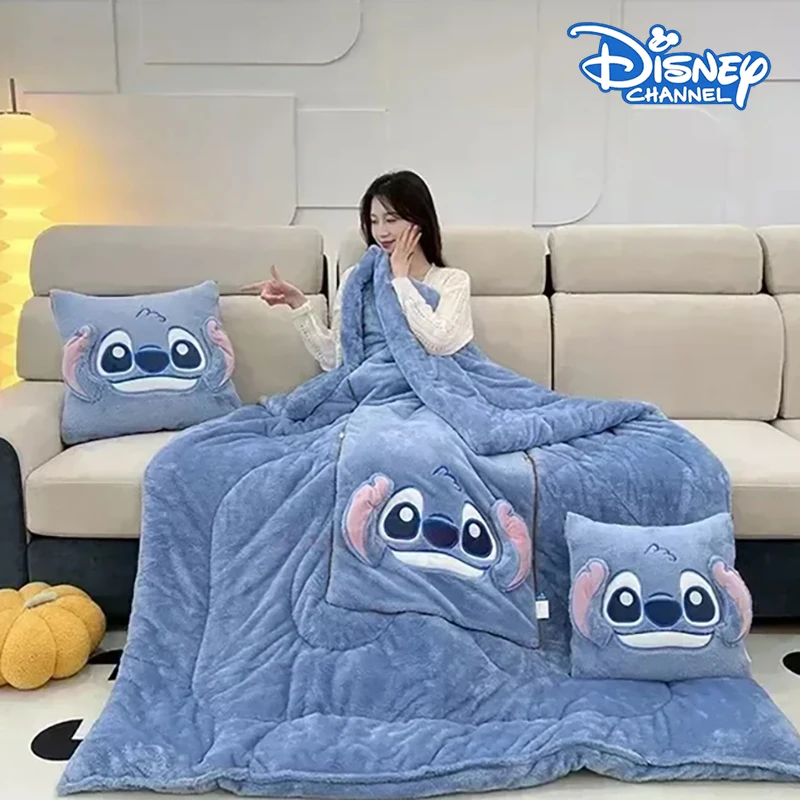 Disney Stitch Nap Blanket Mickey Minnie Thickened Flannel Throw Pillow Blankets Cartoon Two In One Air Conditioning Blanket Gift