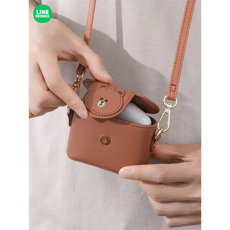 Line Friends Original Brown Bear Mini Messenger Bag Anime Kawaii Children Pu Leather Coin Purse Cartoon Headphone Storage Pouch