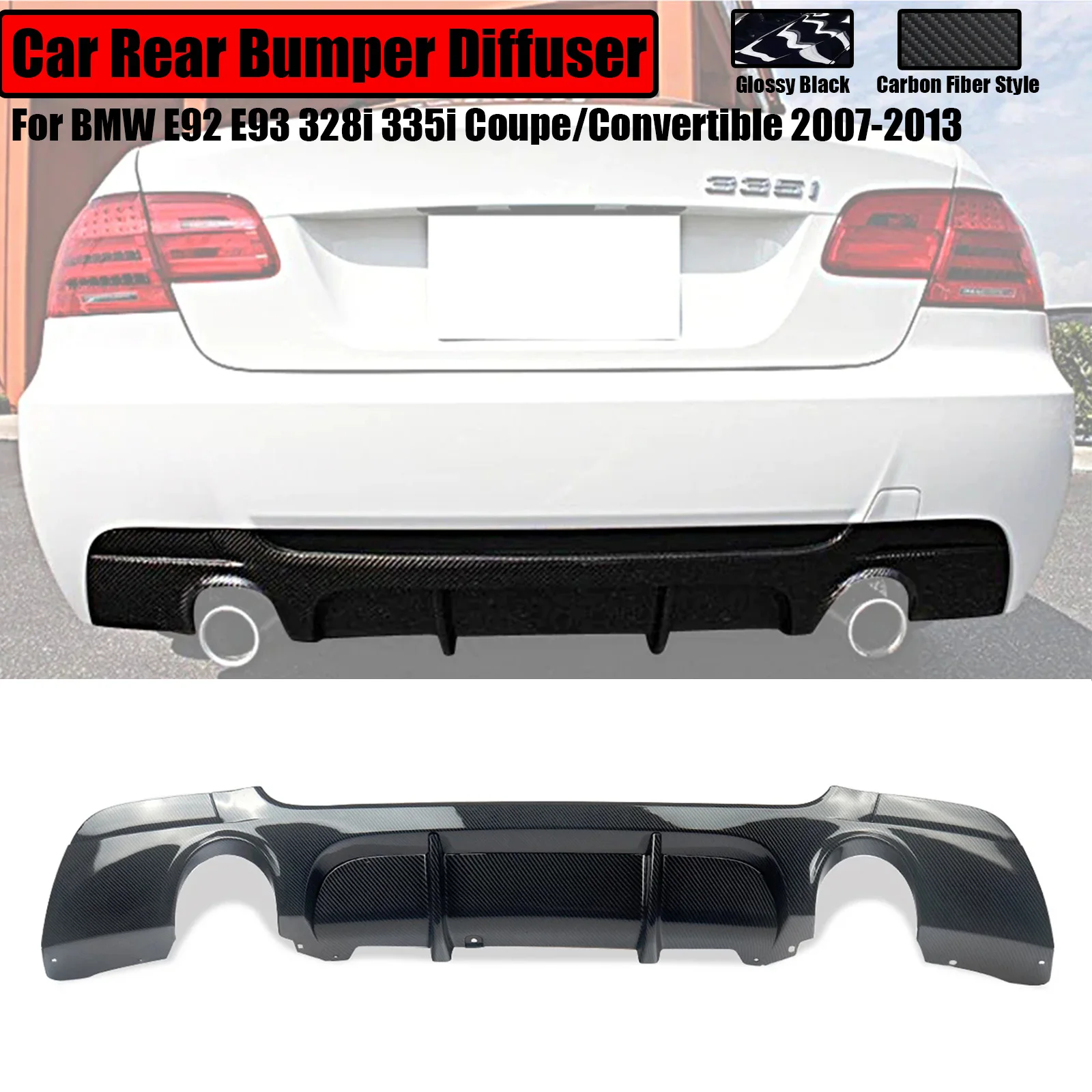 

For 2007-2013 BMW E92 E93 328i 335i Coupe/Convertible Rear Bumper Diffuser Replacement Body Kit Carbon Fiber Look Glossy Black