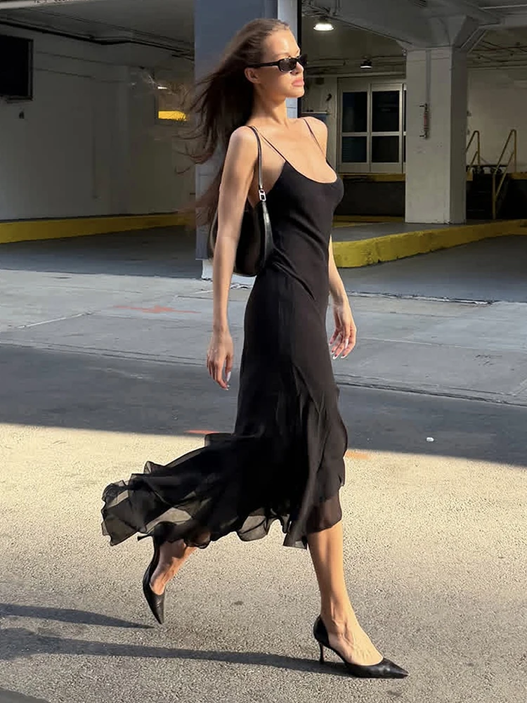 Sisterlinda Simpel Maxikleid für Damen mit Rüschen, Unregelmäßigem Saum, Tiefem Ausschnitt, Ärmellos, Einfarbig, Schmal Geschnitten, Klassisch, High-Street-Stil, Vestidos – Detail 8