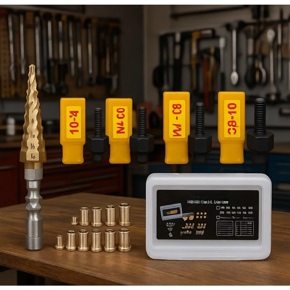 

Hand Rivet Nut Tool Kit with Metric SAE Inserts Step Drill Bit and 100 Piece Rivnut Assortment