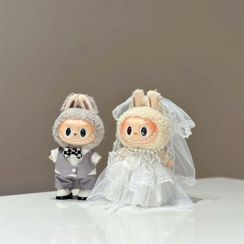 

17 см кукла с подвеской Labubu, серый костюм, белое свадебное платье, замена платья, детская одежда, только детская одежда, без кукол