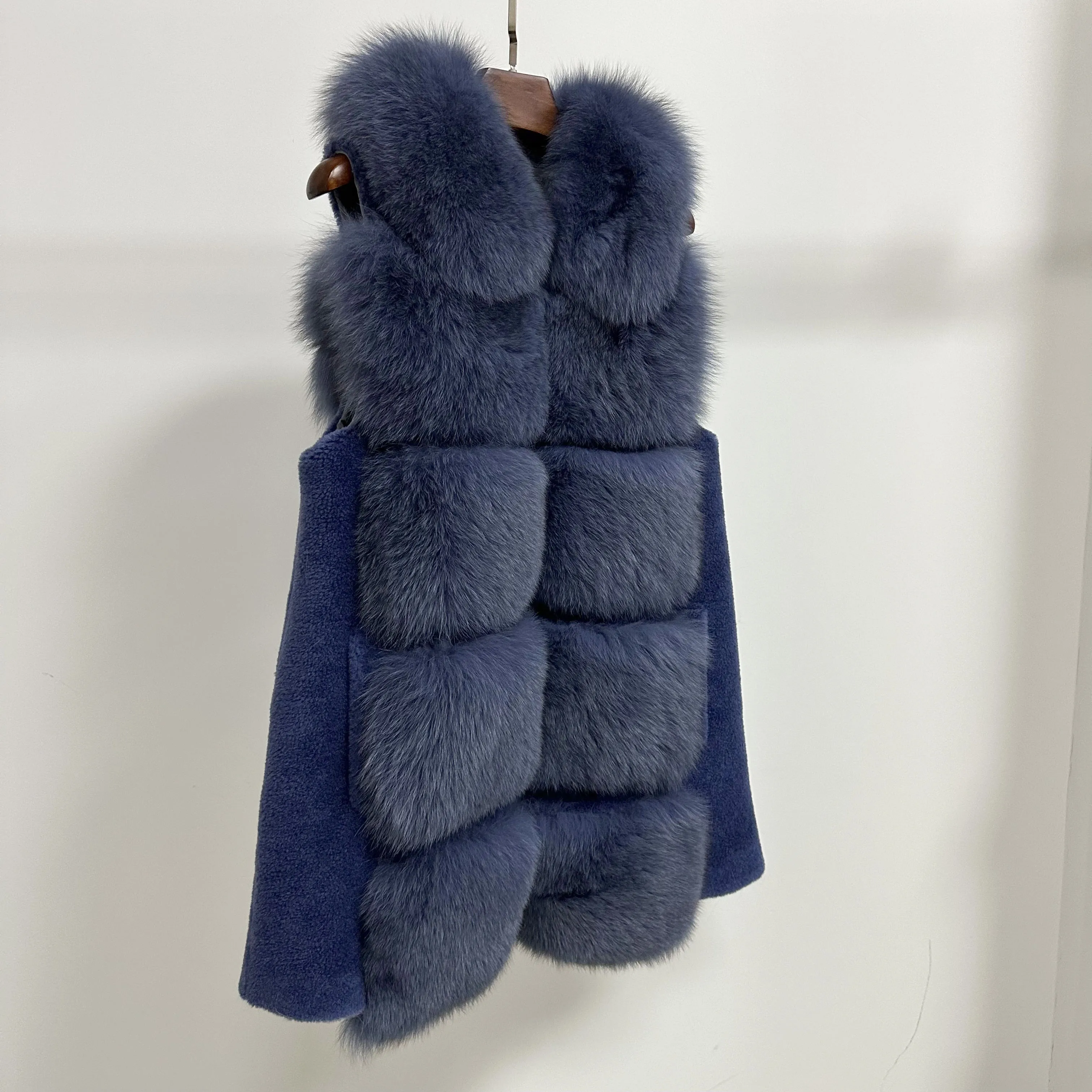 Neues Design echte Schafs cher jacke Weste mit echtem Fuchs pelz Weste Frauenmantel mit Pelz kragen