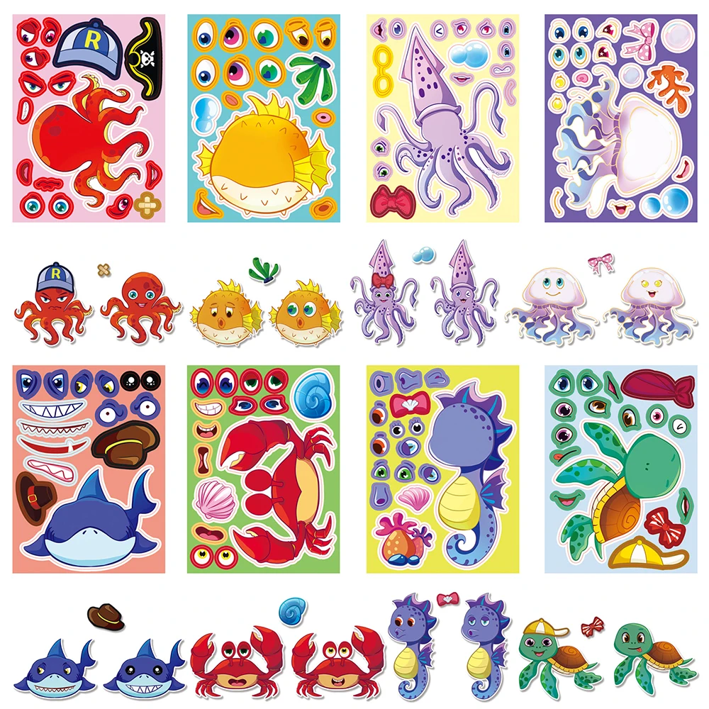 8/16 Blatt lustige süße Cartoon-Meerestiere Fisch Puzzle Aufkleber Spiele machen ein Gesicht DIY Montieren Puzzle Bildung Aufkleber Geschenk