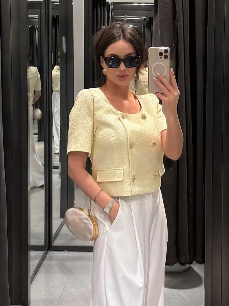 

HH Women Summer Solid Shorts Suit Fashion Pocket O-Neck Button Decorate Short Sleeve Top+Mid Waist Side Zipper Casual Shorts