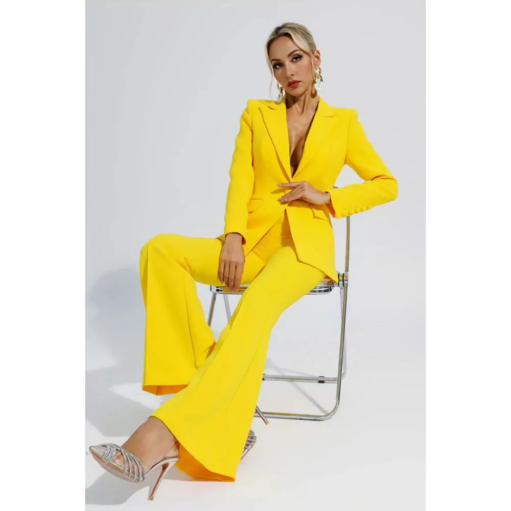 Trajes inteligentes nuevos en amarillo para mujer, chaqueta de 2 piezas con una hilera de botones, pantalones, ropa femenina, conjuntos de Blazers para banquete de oficina para mujer