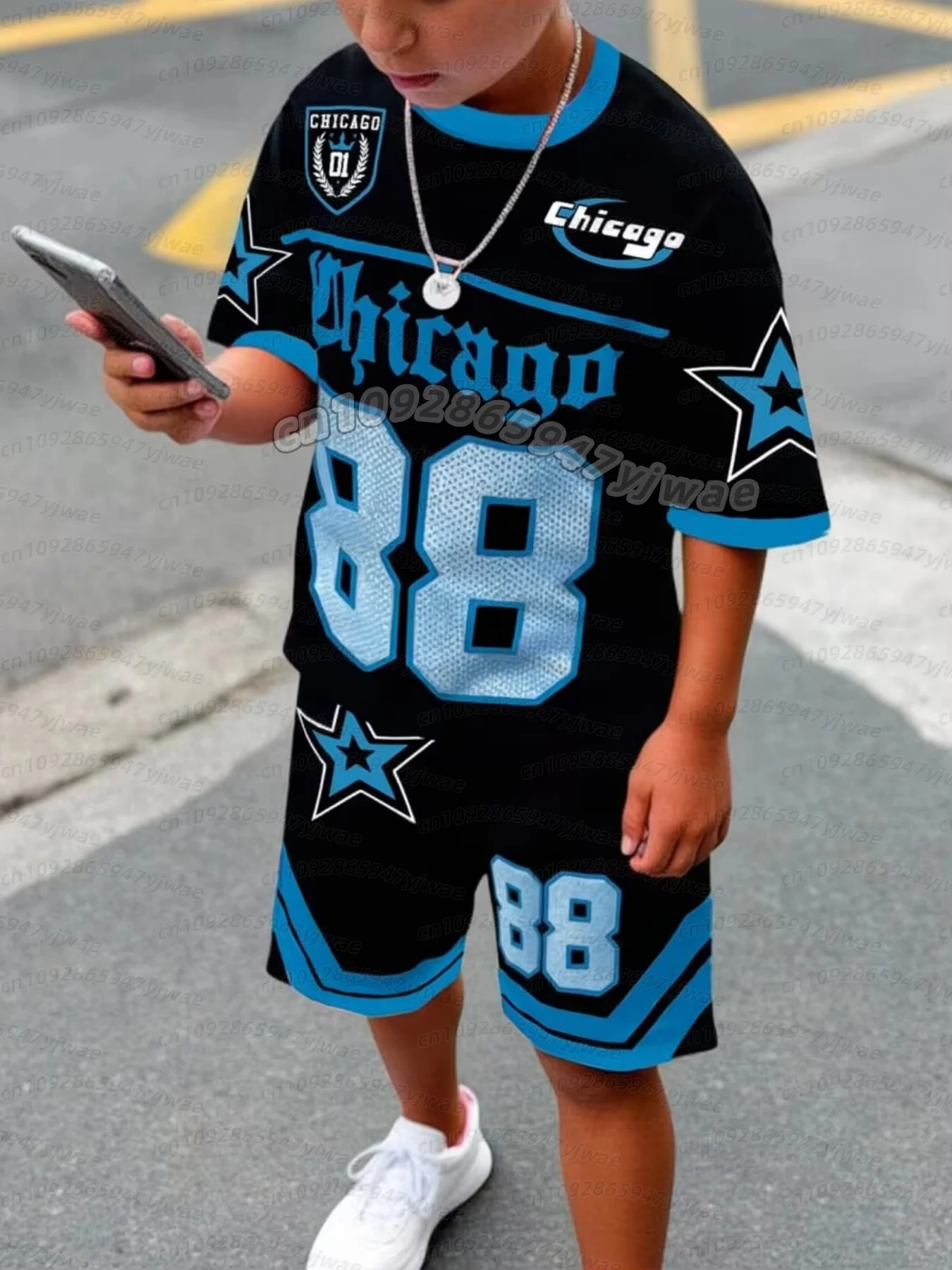 CHICAGO NO.88 PRINT Jersey Boy Kurzarm-Set mit locker sitzenden Shorts und T-Shirt, sportlicher, schnell trocknender Outdoor-Trainingsanzug, 2-teiliges Jungen-Set – Detail 7