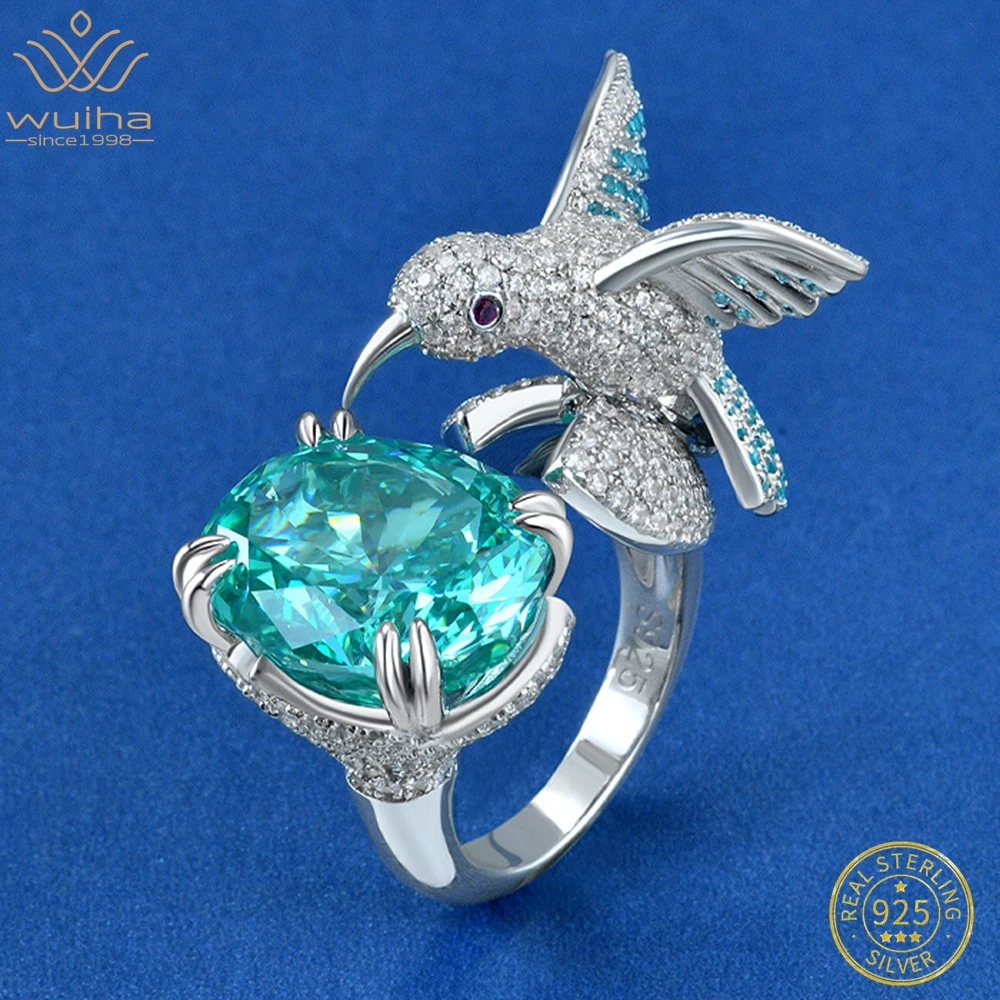 

WUIHA Real 925 Sterling Silver 6CT Paraiba Tourmaline Synthetic Moissanite Creative Hummingbird Ring for Women Gift DropShipping