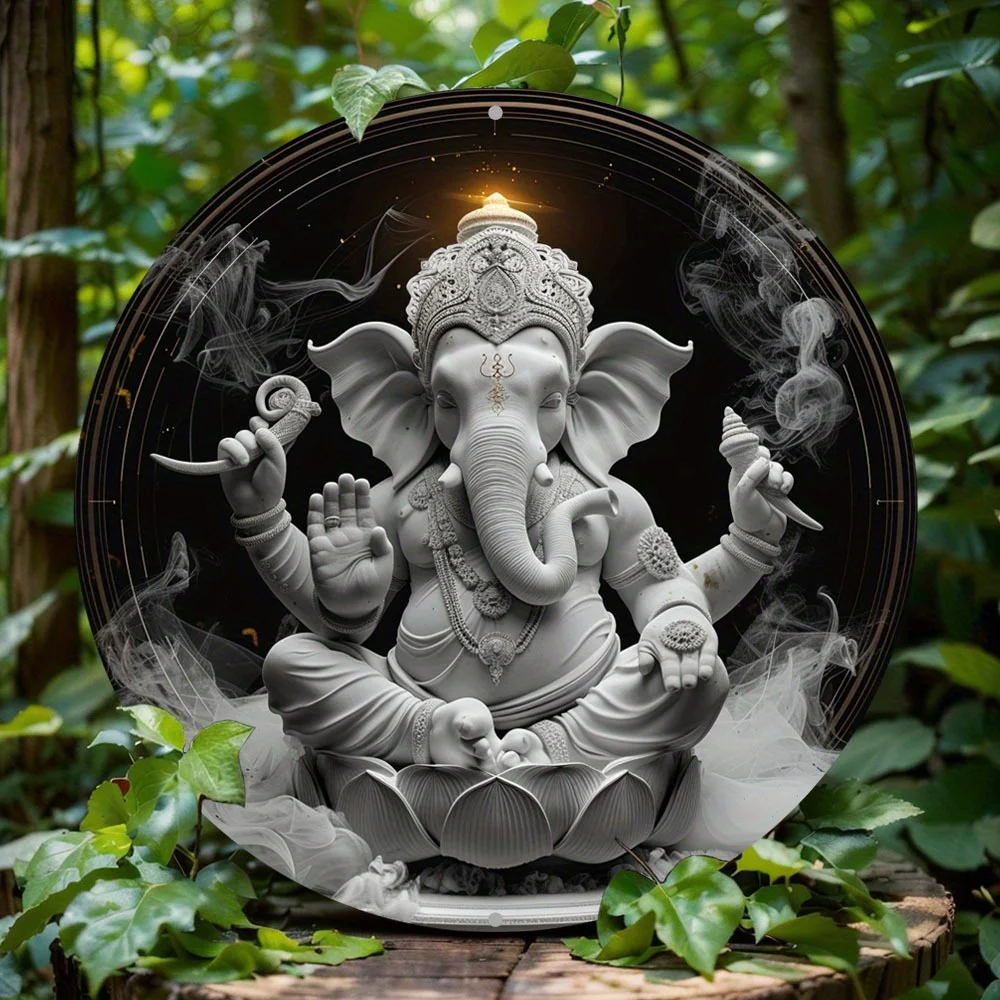 

2D Flat Print, Elephant Themed Decoration, Round Ganesha Aluminum Metal Decor Sign, for Home, Wall Decoration, Holiday Gift
