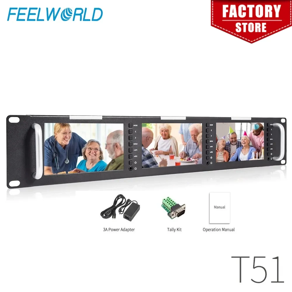 Feelworld T51 Triple 5 Inch 2RU LCD Rack Mount Monitor with 3G-SDI HDMI AV Input and Output Broadcast Level Quality Monitors