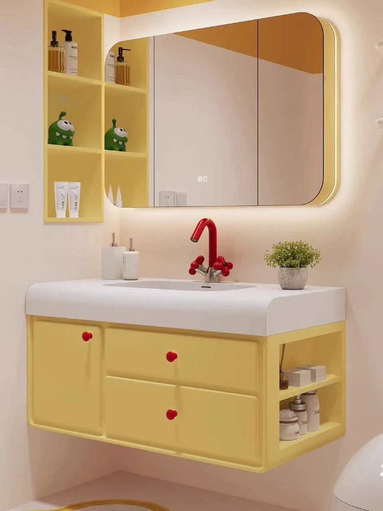 

Умный шкаф для ванной комнаты Corian с интегрированной раковиной, покрытием Dopamine Cream Wind Paint Arc