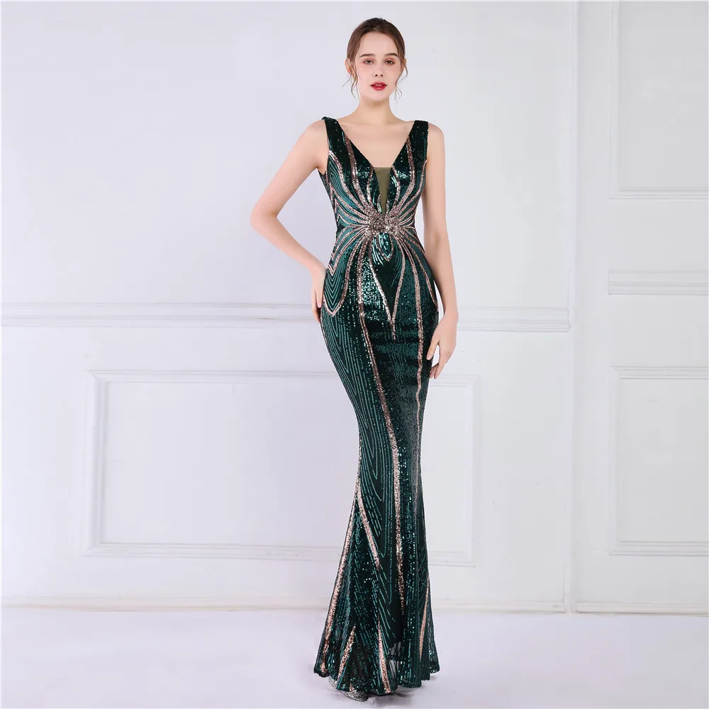 Vestido de noite formal longo brilhante de lantejoulas feminino, Decote V, até o chão, Elástico, Vestidos de festa, Verde escuro, Em estoque, 2023