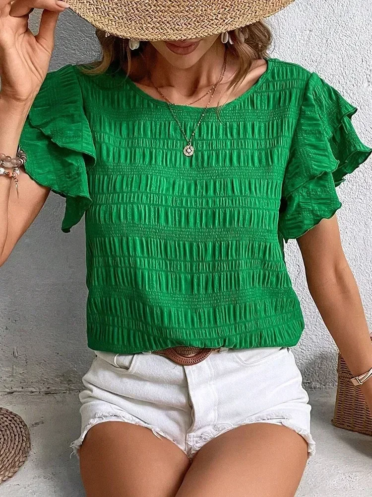 

Женские блузки 2024: Новинка лета, с рюшами, коротким рукавом, свободного кроя, с круглым вырезом, повседневная простая футболка-пуловер для женщин, уличная мода